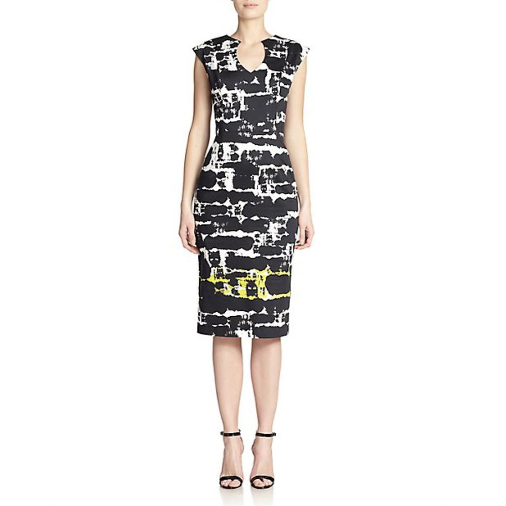 black halo • jazelle black white yellow abstract print pencil sheath dress